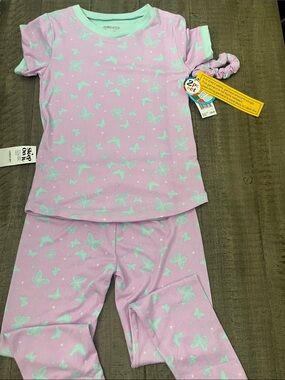Sleep On It Pink and Mint Butterfly 2-Piece Pajama Set with Scrunchie
